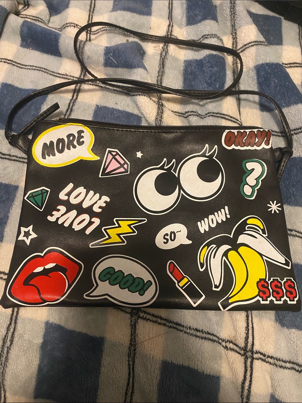 Black Graphic Pop-Art Crossbody Bag with Sticker Patches
